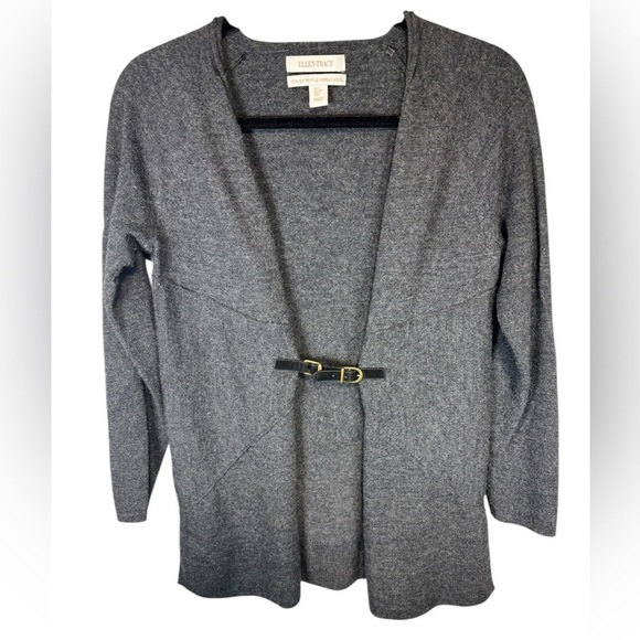 Ellen Tracy Tunic Sweater 100% Merino Wool Cardigan Women Gray Long Sleeve Belt - Picture 13 of 16